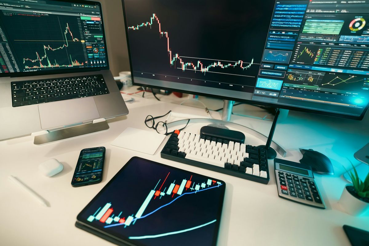 Flere skjermer med aksjekurser og finansgrafer på kontor